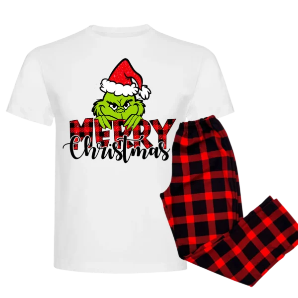 Pijama Pantalón con polera blanca Cuadro Grinch brillante