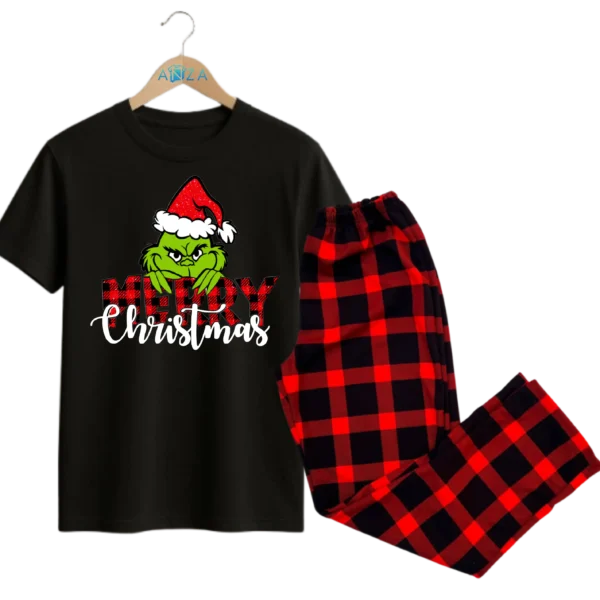 Pijama Pantalon Cuadro Grinch gorro brillante