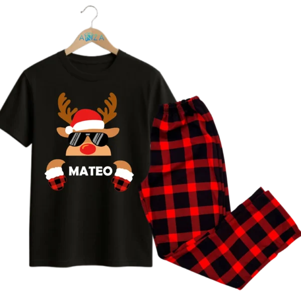 Pijama de Reno con lentes y nombre personalizado